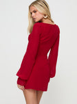 back view of model wearing Princess Polly Bayford Long Sleeve Mini Dress Red Square Neck 