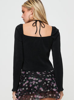 back view of model wearing Princess Polly Chantria Long Sleeve Halter Top Black Full Sleeves Plunger 