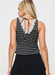 Polka dot crop top fixed shoulder straps, lace detail, invisible zip fastening at side
