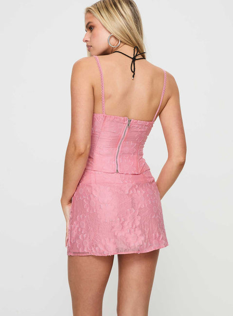 Pink Two piece set Crop top, elasticated shoulder strap, square neckline, zip fastening at back High rise mini skirt, invisible zip fastening at side