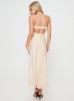 back view of model wearing Princess Polly Durand Maxi Dress Cream Sweetheart Neckline 