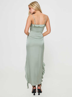 back view of model wearing Princess Polly Branwell Maxi Dress Sage V-Neck 