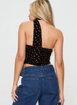 Black floral Floral crop top Strapless, bustier fit, scarf neck tie detail