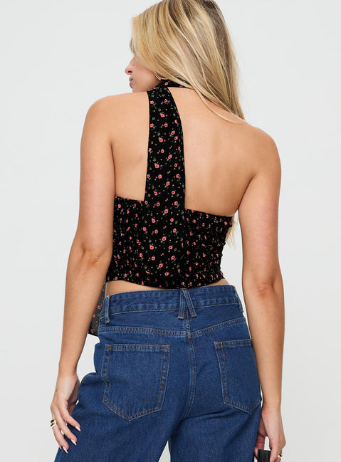 back view of model wearing Princess Polly Jontie Two-piece Scarf Top Black Floral Sleeveless straight 