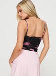 back view of model wearing Princess Polly Little Blossoms Top Black Sleeveless Square Neck 