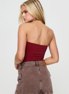 back view of model wearing Princess Polly Niner Strapless Bodysuit Burgundy Sleeveless 