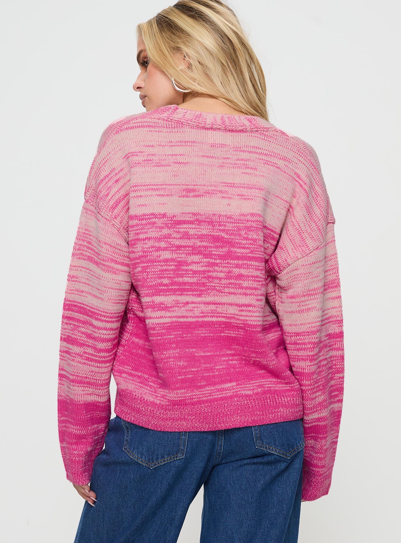 back view of model wearing Princess Polly Emikio Cardigan Ombre Pink regular 