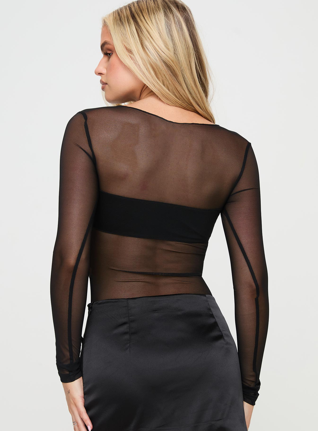 back view of model wearing Princess Polly Duet Bodysuit Black Full Sleeves Crew Neck 