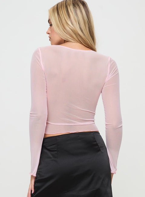 back view of model wearing Princess Polly Potential Long Sleeve Top Pink Full Sleeves Plunger 