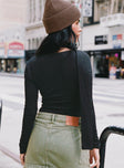 Black Long Sleeve Top Slim fitting, square neckline, skinny scarf piece detail
