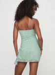 back view of model wearing Princess Polly Alari Mini Dress Sage Sweetheart Neckline 