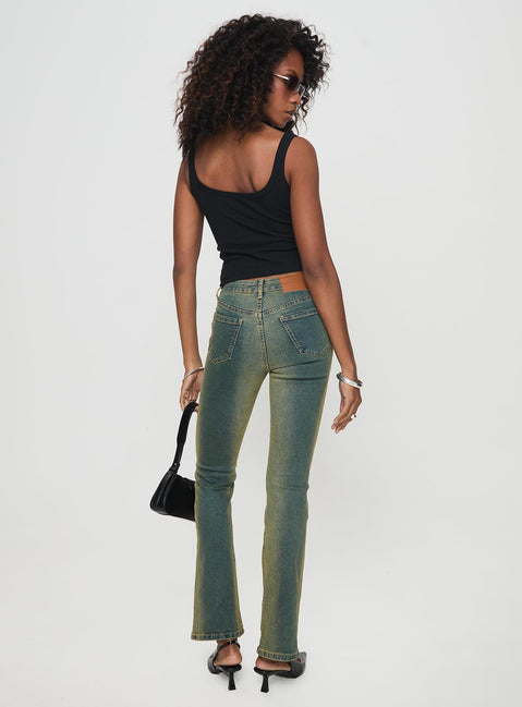 back view of model wearing Princess Polly Sandman Flare Jeans Antique Wash Mid Rise 