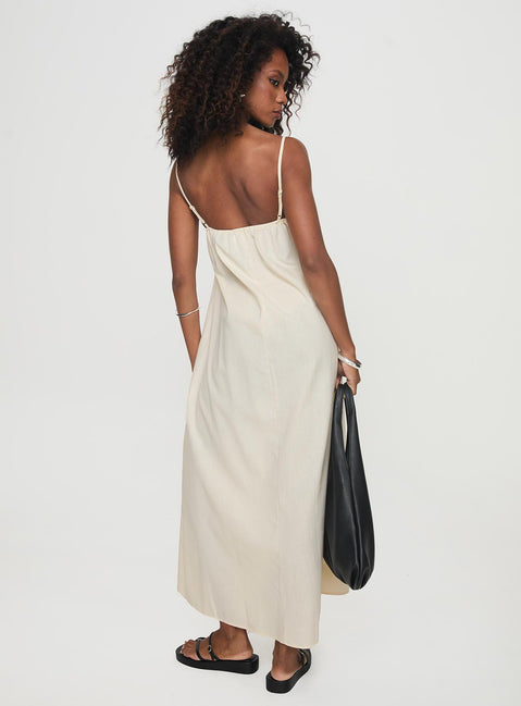 back view of model wearing Princess Polly Frankye Maxi Dress Cream Square Neck 