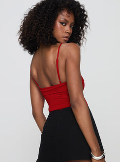 back view of model wearing Princess Polly Lilani Bodysuit Red Sleeveless Square Neck 