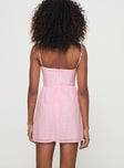 back view of model wearing Princess Polly Mckilah Mini Dress Pink Sweetheart Neckline 