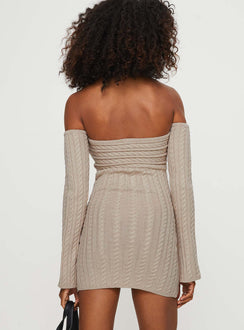 back view of model wearing Princess Polly Bayard Off The Shoulder Knit Mini Dress Beige Straight Neck 
