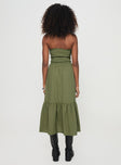 back view of model wearing Princess Polly Chani Strapless Maxi Dress Olive Straight Neck 