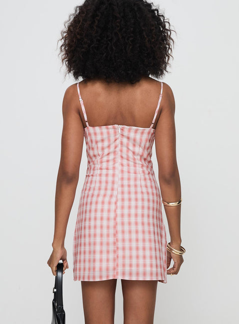 back view of model wearing Princess Polly Poto Mini Dress Pink Check Sweetheart Neckline 