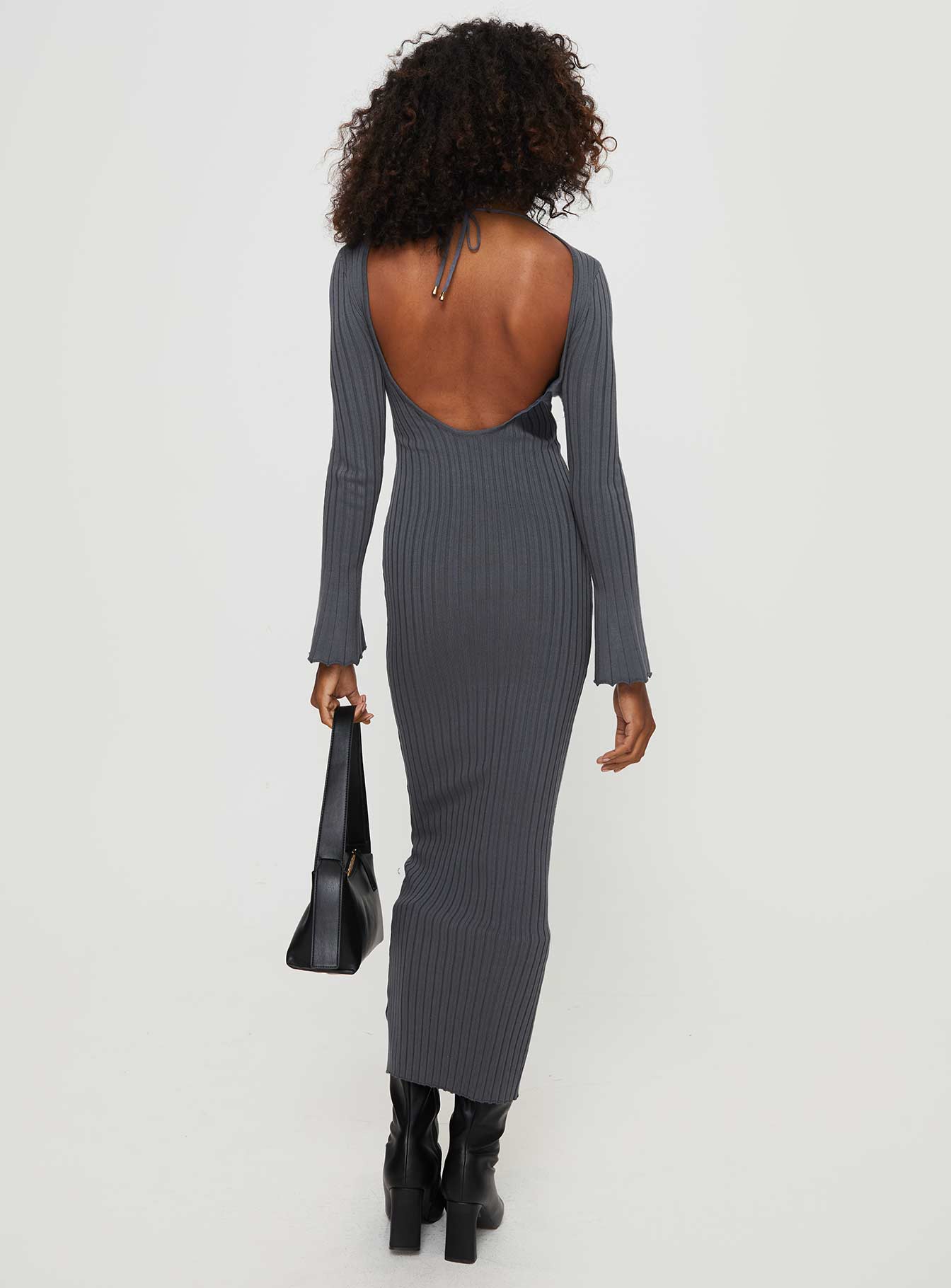 back view of model wearing Princess Polly Heleni Long Sleeve Maxi Dress Grey Scoop Neck 