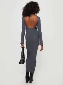 back view of model wearing Princess Polly Heleni Long Sleeve Maxi Dress Grey Scoop Neck 