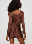 back view of model wearing Princess Polly Nellie Long Sleeve Mini Dress Chocolate Plunger 