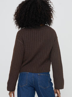 back view of model wearing Princess Polly Romona Knit Cardigan Chocolate Cropped 
