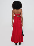 back view of model wearing Princess Polly Kazia Maxi Dress Red Straight Neck 