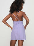 back view of model wearing Princess Polly Ebullient Lace Mini Dress Lilac Square Neck 