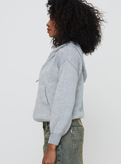 side view of model wearing Princess Polly Morrigan Zip Up Hooded Sweater Grey Marle Cropped 