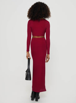back view of model wearing Princess Polly Everton Maxi Dress Burgundy Plunger 
