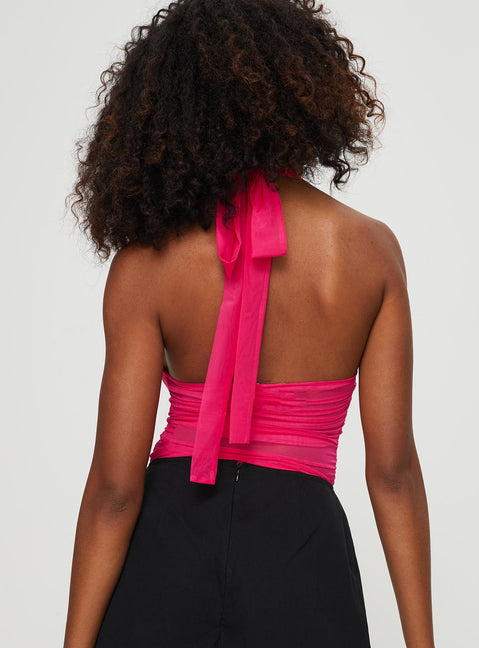 Front view of model wearing  front Princess Polly Sleeveless Square Neck  Solomon Halter Top Pink