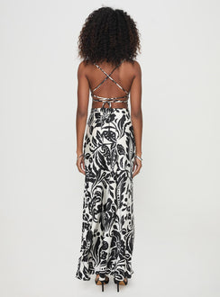 back view of model wearing Princess Polly Conti Maxi Dress Black / White Cowl Neck 