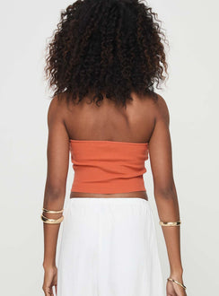 back view of model wearing Princess Polly Kallista Top Orange Sleeveless Sweetheart 