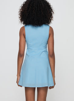 back view of model wearing Princess Polly Fiorello Mini Dress Blue Scoop Neck 