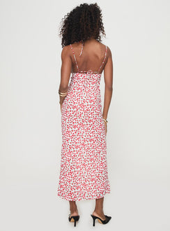 back view of model wearing Princess Polly Kish Maxi Dress Red Floral Square Neck 