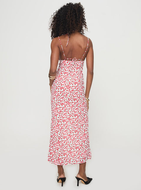 back view of model wearing Princess Polly Kish Maxi Dress Red Floral Square Neck 