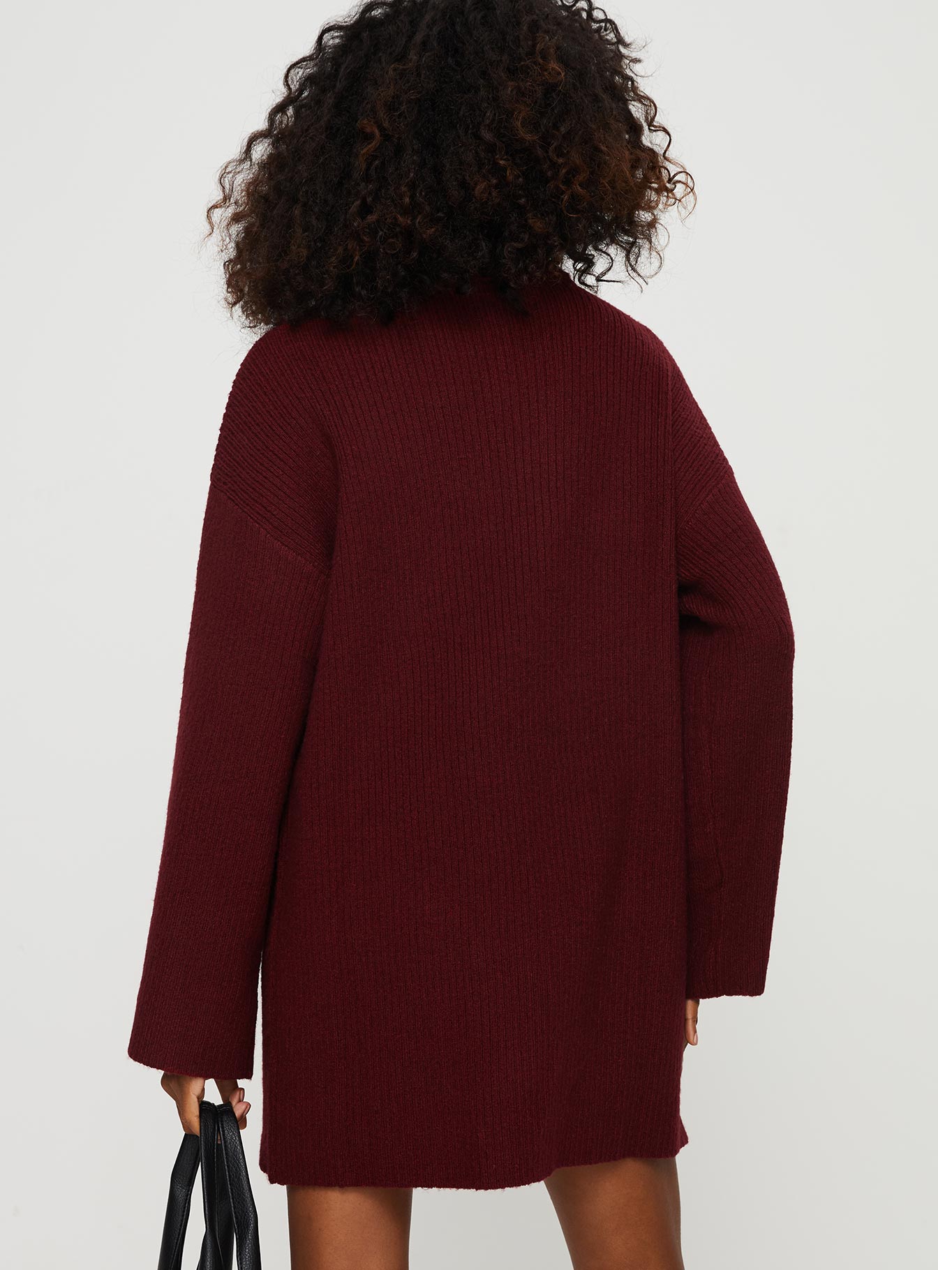 back view of model wearing Princess Polly Sonelle Knit Mini Dress Burgundy High Neck 