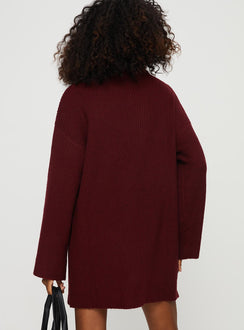 back view of model wearing Princess Polly Sonelle Knit Mini Dress Burgundy High Neck 