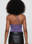 back view of model wearing Princess Polly Ezekiel Glitter Top Purple Sleeveless Scoop Neck 