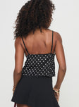 back view of model wearing Princess Polly Castien Top Black Polka Sleeveless Plunger 