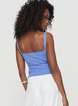 back view of model wearing Princess Polly Dalma Twist Top Blue Sleeveless Plunger 