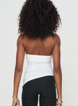 Strapless top Asymmetrical hem, split hem at die, button detail Good stretch, lined bust Princess Polly Lower Impact 