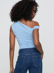 back view of model wearing Princess Polly Beller Bodysuit Blue Sleeveless Asymmetric Neckline 