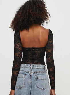 back view of model wearing Princess Polly Cadrot Long Sleeve Lace Bodysuit Black Long Sleeve Tops 
