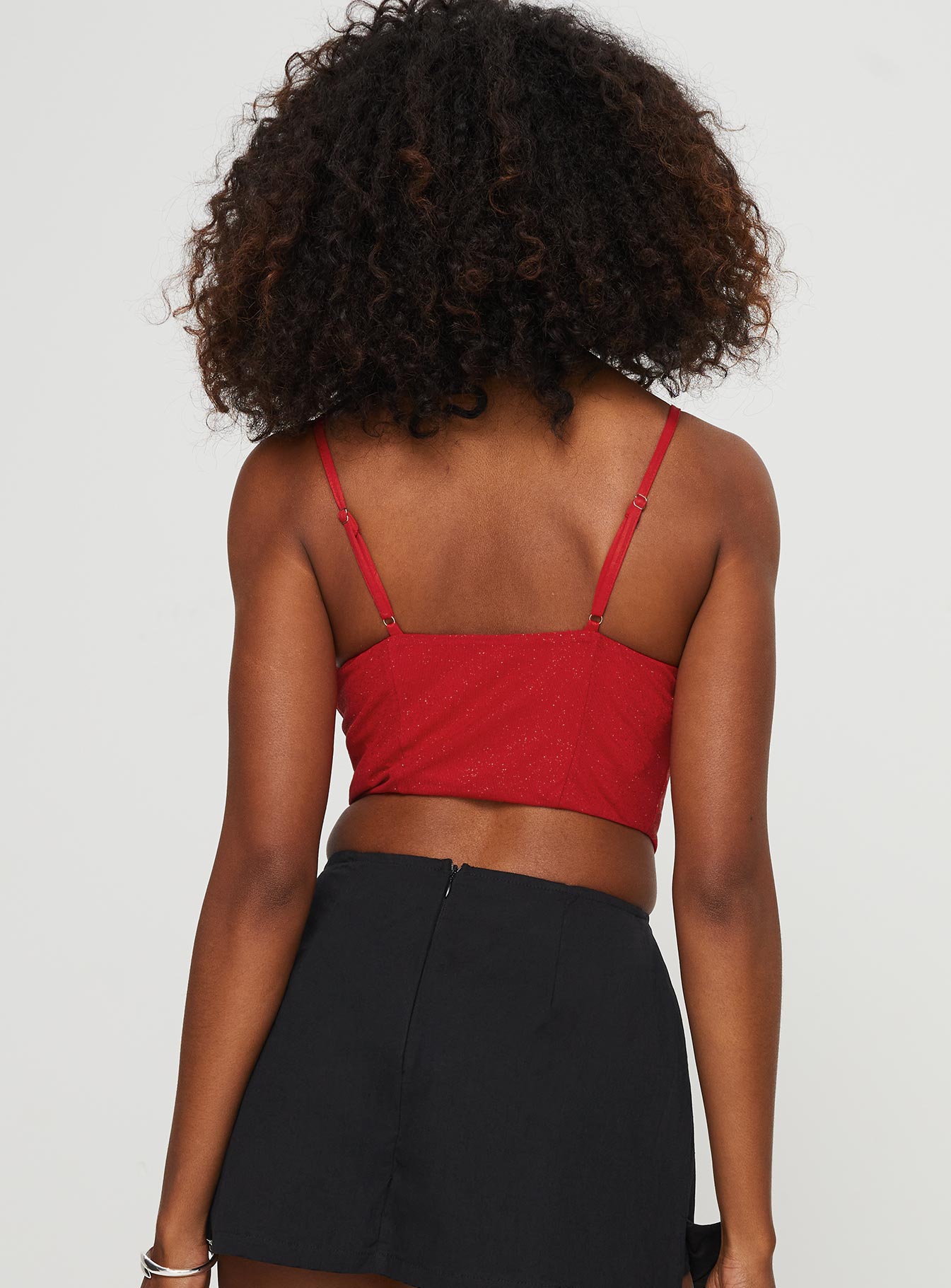 back view of model wearing Princess Polly Palisade Corset Top Red Glitter Sleeveless V-Neck 