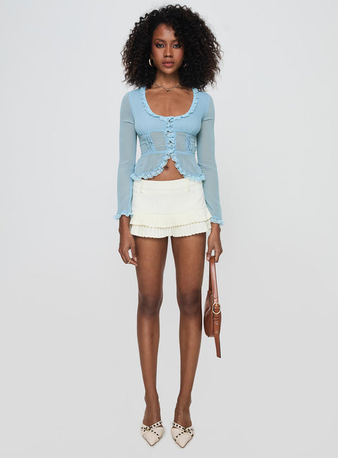 back view of model wearing Princess Polly Guillet Long Sleeve Top Blue Full Sleeves Scoop Neck 