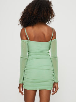 back view of model wearing Princess Polly Scardino Long Sleeve Mini Dress Green Cowl Neck 
