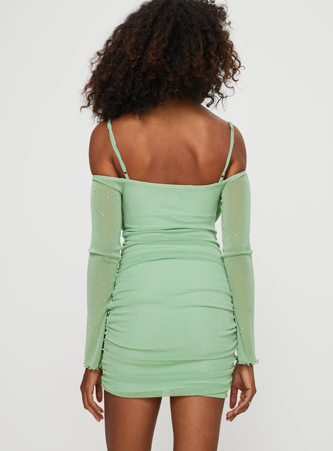 back view of model wearing Princess Polly Scardino Long Sleeve Mini Dress Green Cowl Neck 