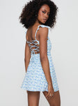 back view of model wearing Princess Polly Landon Mini Dress Blue Floral Sweetheart Neckline 