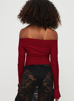 back view of model wearing Princess Polly Moreno Off The Shoulder Top Burgundy Full Sleeves straight 